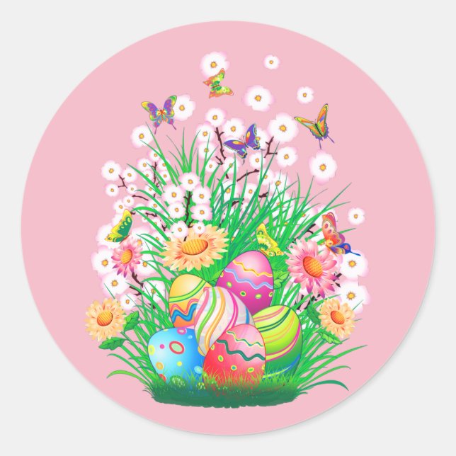 Pegatina Redonda Happy Easter Eggs and Floral design (Anverso)