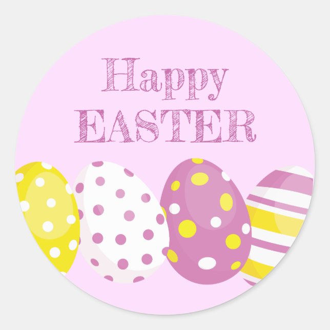Pegatina Redonda Happy Easter Eggs Pink Background (Anverso)