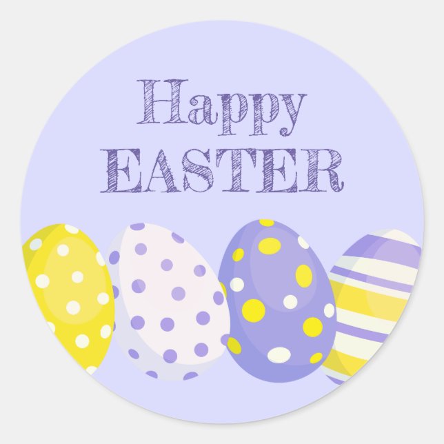 Pegatina Redonda Happy Easter Eggs Purple Background (Anverso)