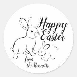Pegatina Redonda Happy Easter Line Art Bunny Rabbit Editable Name