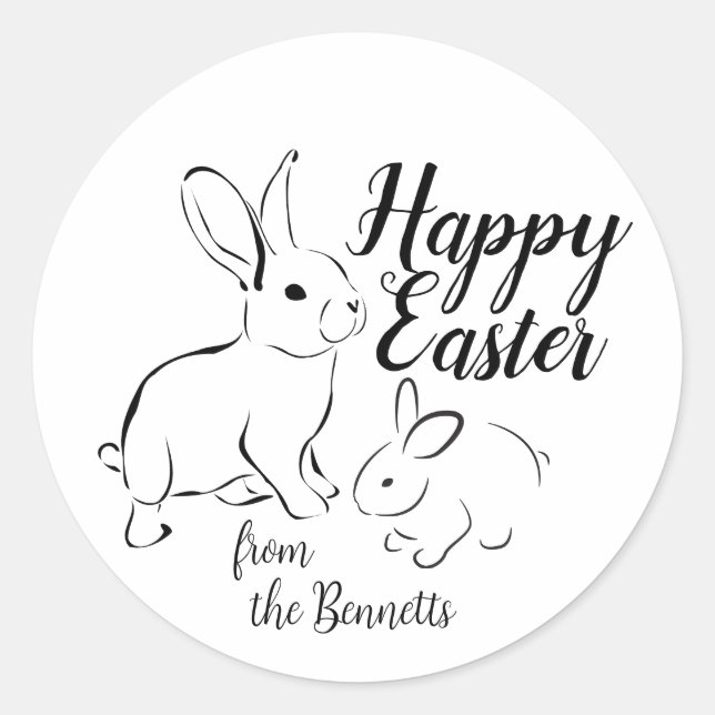 Pegatina Redonda Happy Easter Line Art Bunny Rabbit Editable Name (Anverso)