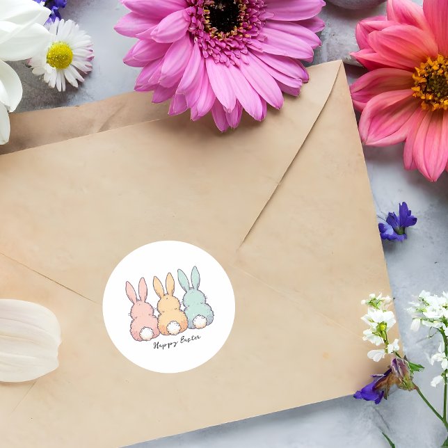 Pegatina Redonda Happy Easter Pastel Bunnies Custom Text  (Subido por el creador)
