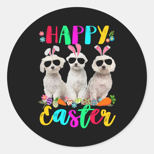 Pegatina Redonda Happy Easter Three Maltese Wearing Bunny Ears (Anverso)