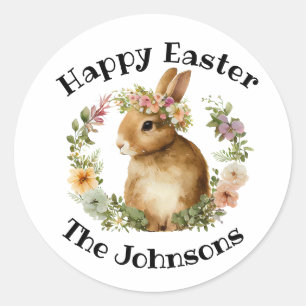 Pegatina Redonda Happy Easter Watercolor Retro Easter Bunny Floral
