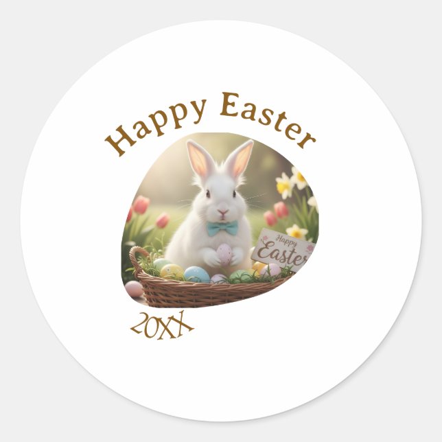 Pegatina Redonda Happy Easter white bunny year photo family name  (Anverso)