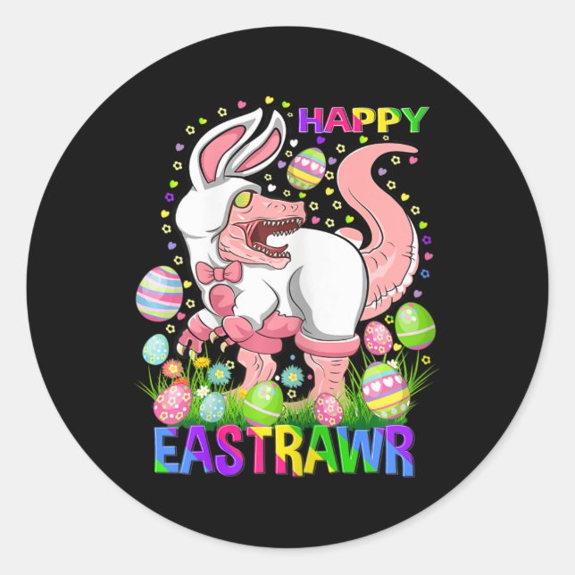 Pegatina Redonda Happy Eastrawr Funny T Rex Easter Day Dinosaur  (Anverso)
