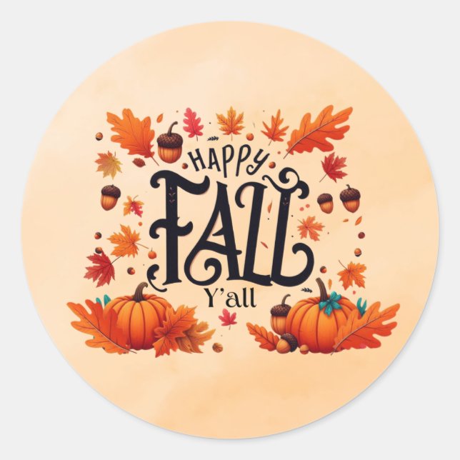 Pegatina Redonda Happy Fall Y'all (Anverso)