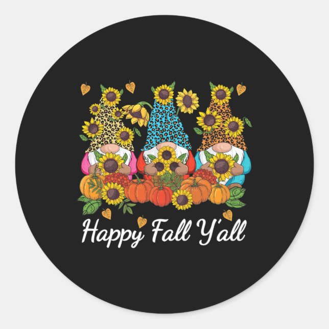 Pegatina Redonda Happy Fall Y'all Gnome Leopard Pumpkin Otoño (Anverso)