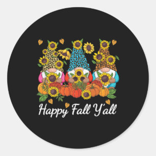Pegatina Redonda Happy Fall Y'all Gnome Leopard Pumpkin Otoño