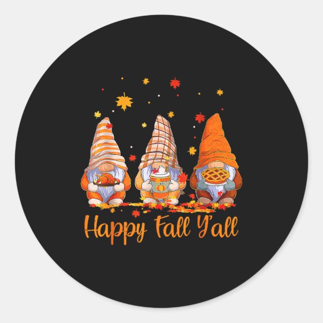 Pegatina Redonda Happy Fall Y'all Gnome Pumpkin Autumn Thanksgiving (Anverso)