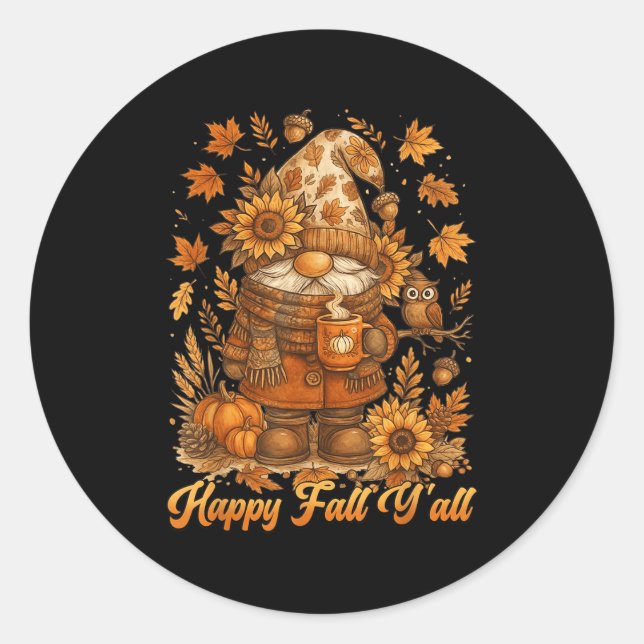Pegatina Redonda Happy Fall Y'all Gnome Pumpkin Autumn Thanksgiving (Anverso)