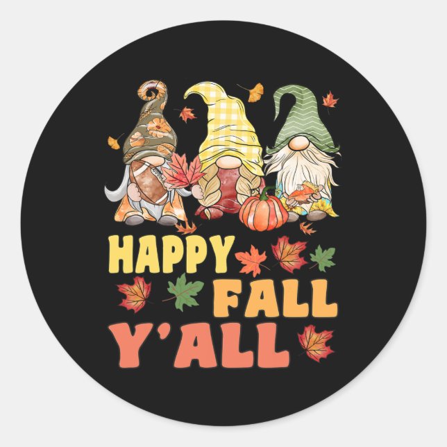 Pegatina Redonda Happy Fall Y'all Gnome Pumpkin Funny Autumes Gnome (Anverso)