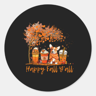 Pegatina Redonda Happy Fall Y'all Otoño Corgi Halloween Pumpkin Sp