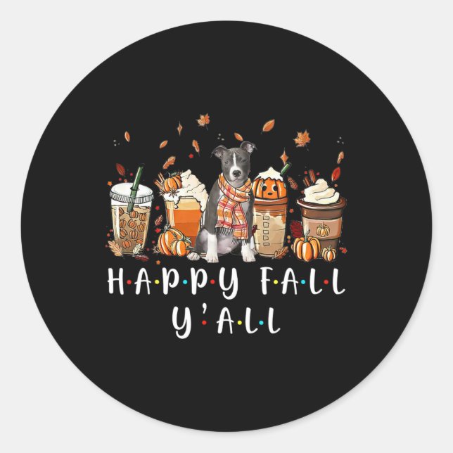Pegatina Redonda Happy Fall Y'all Pitbull Dog Coffkin Cae A (Anverso)