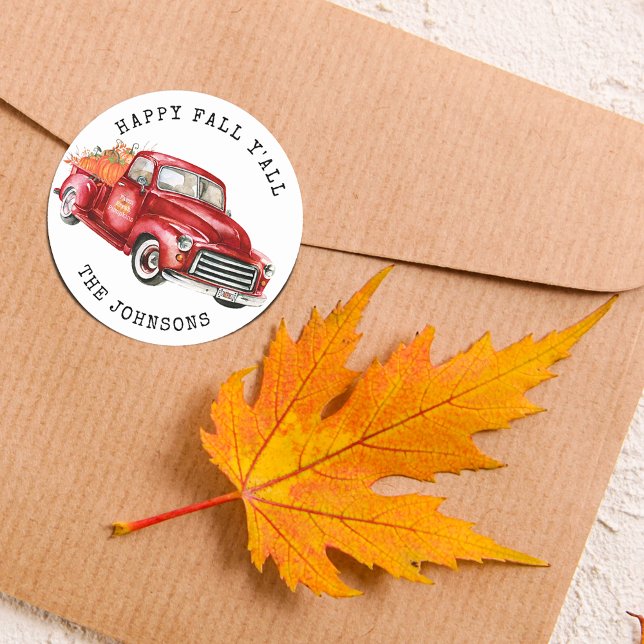 Pegatina Redonda Happy Fall Y'all Truck Pumpkins (Happy Fall Y'all Red Truck Pumpkins Square Sticker)