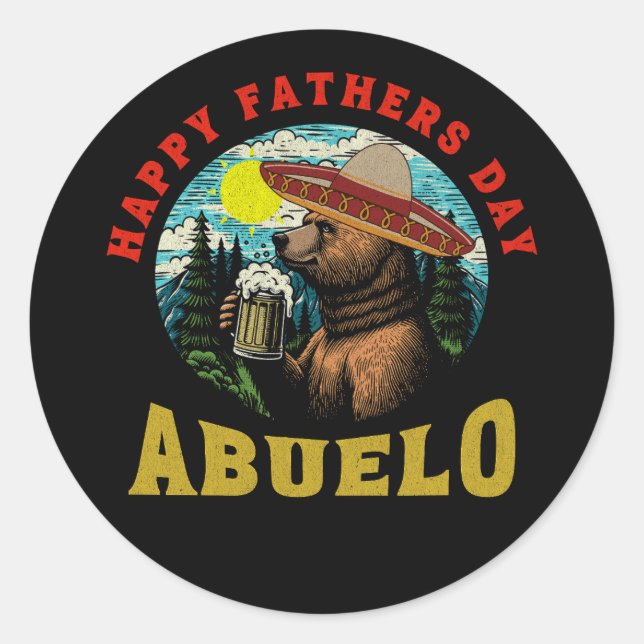 Pegatina Redonda Happy Father's Day Abuelo Beer Mug Bear Sombrero  (Anverso)