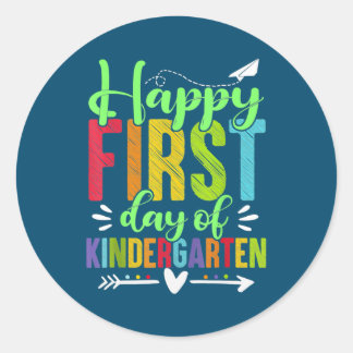 Pegatina Redonda Happy First Day Of Kindergarten Funny Teacher