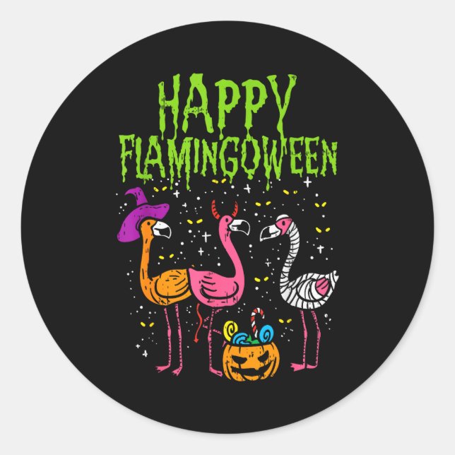 Pegatina Redonda Happy Flamingoween Y Flamingos Funny Halloween Cos (Anverso)