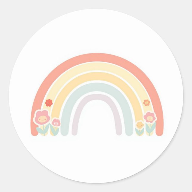 Pegatina Redonda Happy Flower Faces Pastel Rainbow Favor Sticker (Anverso)