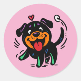 Pegatina Redonda Happy Funny Cartoon Rottweiler Puppy