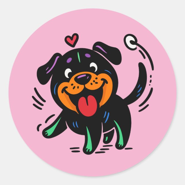 Pegatina Redonda Happy Funny Cartoon Rottweiler Puppy (Anverso)