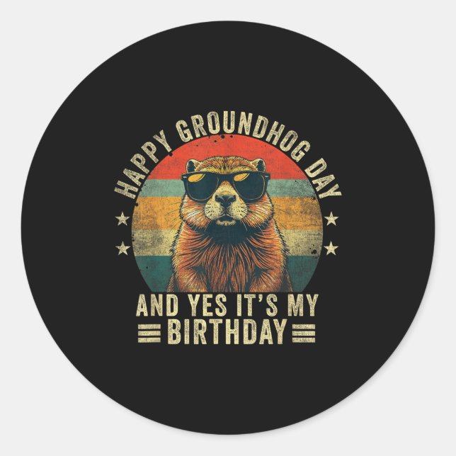 Pegatina Redonda Happy Groundhog Day Birthday Cool Groundhog  (Anverso)