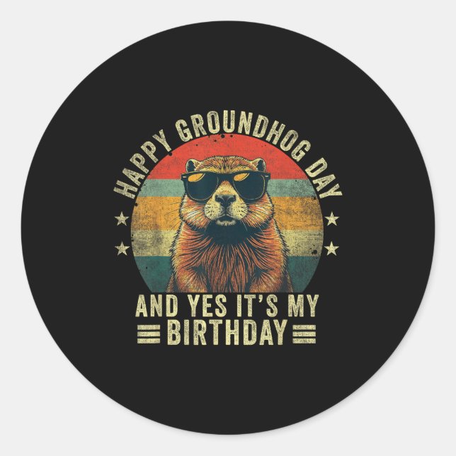 Pegatina Redonda Happy Groundhog Day Birthday Cool Groundhog With S (Anverso)
