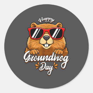 Pegatina Redonda Happy Groundhog Day Funny Groundhog Sungles Cute K