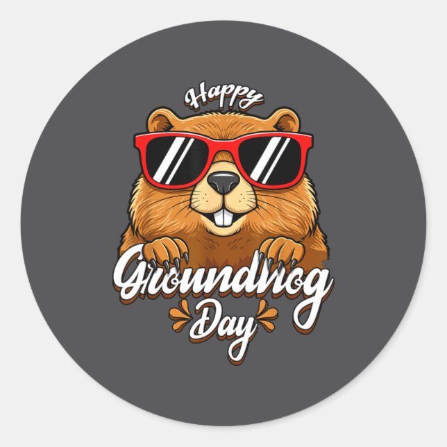 Pegatina Redonda Happy Groundhog Day Funny Groundhog Sungles Cute K (Anverso)