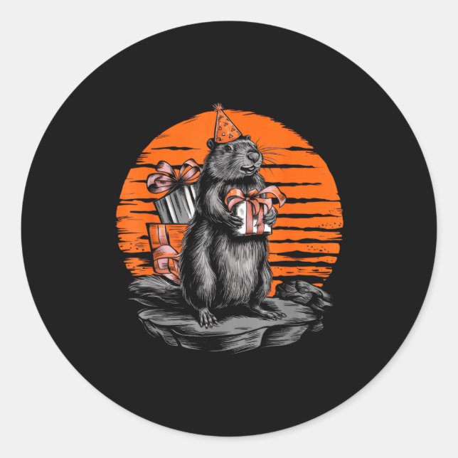 Pegatina Redonda Happy Groundhog Day Ground Hog With Birthday Party (Anverso)