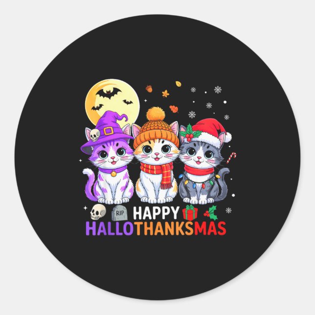 Pegatina Redonda Happy Hallothanksmas Cats Halloween Thanksgiving C (Anverso)