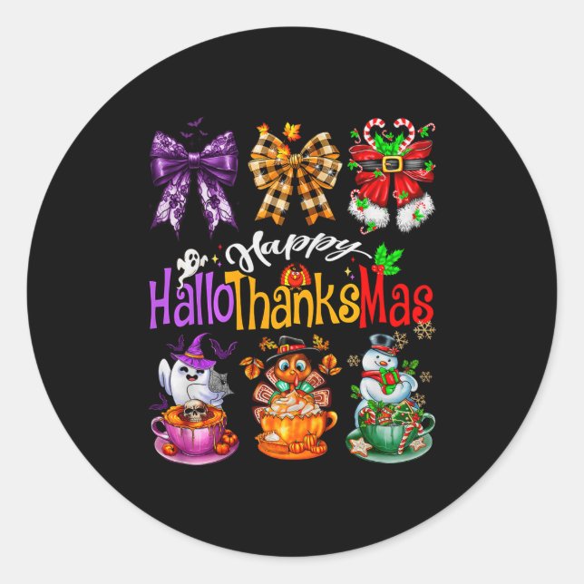 Pegatina Redonda Happy Hallothanksmas Coquette Bow Coffee Latte Can (Anverso)