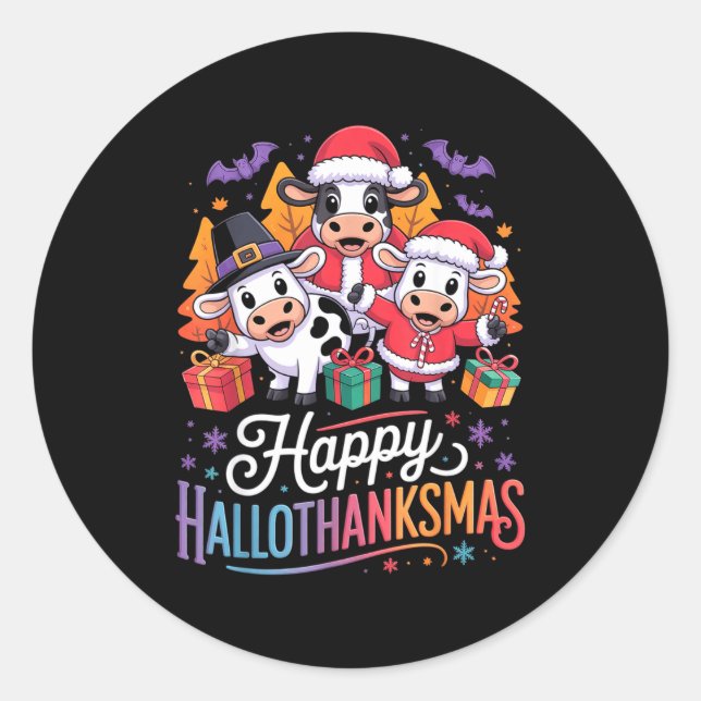 Pegatina Redonda Happy Hallothanksmas Cows For Farmer  (Anverso)