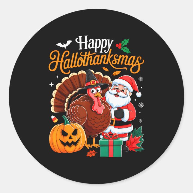 Pegatina Redonda Happy Hallothanksmas Funny Halloween Thanksgiving  (Anverso)