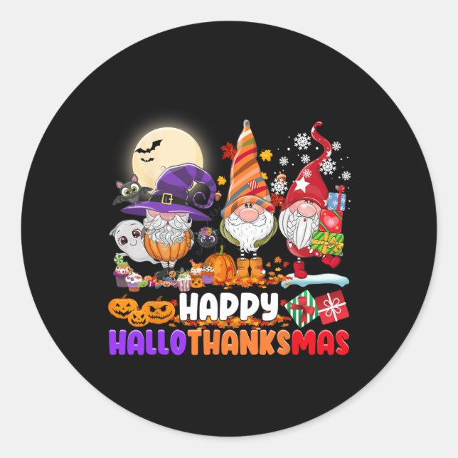 Pegatina Redonda HAPPY HALLOTHANKSMAS GNOME Halloween Acción de Gra (Anverso)