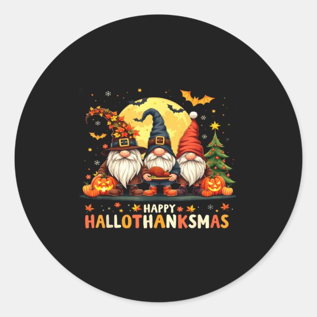 Pegatina Redonda Happy Hallothanksmas Gnomes Halloween Thanksgiving (Anverso)