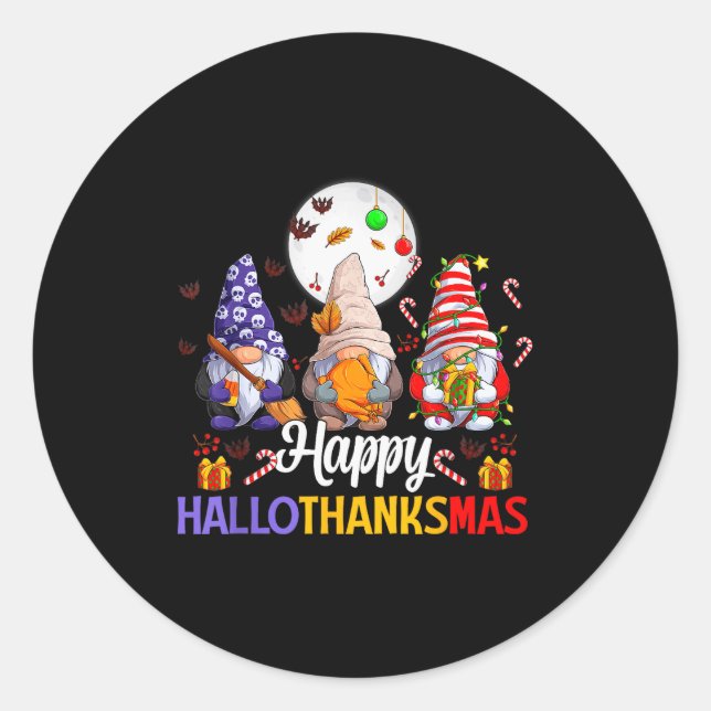 Pegatina Redonda Happy Hallothanksmas Gnomes Lover Halloween Merry  (Anverso)