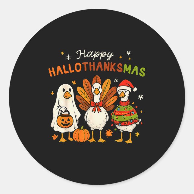 Pegatina Redonda Happy Hallothanksmas Goose Halloween Thanksgiving  (Anverso)