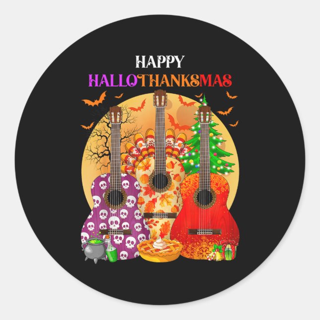 Pegatina Redonda Happy Hallothanksmas Guitar Halloween Thanksgiving (Anverso)