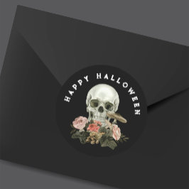 Pegatina Redonda Happy Halloween Black Skull Pink Floral
