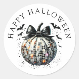 Pegatina Redonda Happy Halloween Disco Ball Pumpkin Black Bow