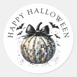 Pegatina Redonda Happy Halloween Disco Ball Pumpkin Black Bow