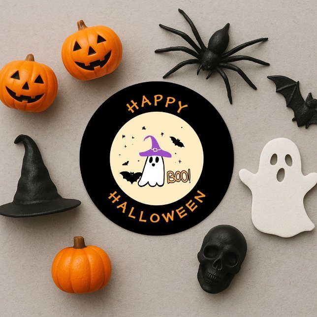 Pegatina Redonda happy halloween fantasma bruxo fofo  (Subido por el creador)