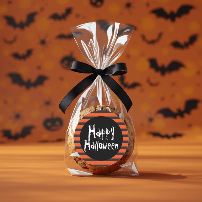 Pegatina Redonda Happy Halloween Naranja Black Strike Spooky Font (Happy Halloween Orange Black Striped Spooky Font Classic Round Sticker by Ricaso. Trick or treat)