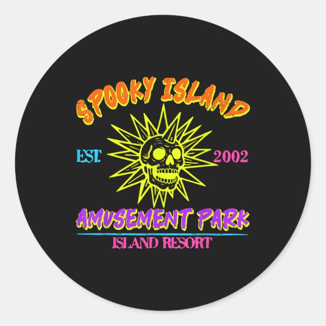 Pegatina Redonda Happy Halloween Spooky Island Est 2002 Amusement P (Anverso)