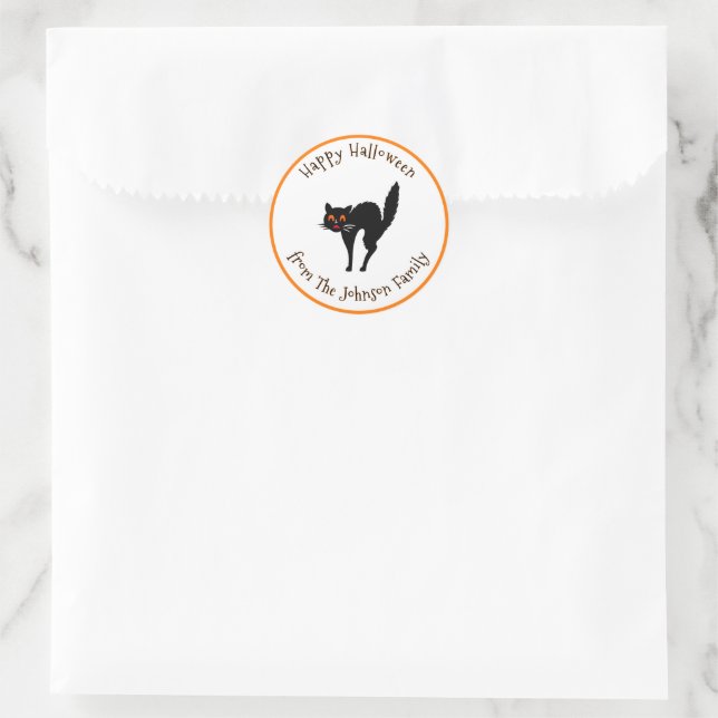 Pegatina Redonda Happy Halloween Spooky Scary Black Cat Custom Name (Bolso)