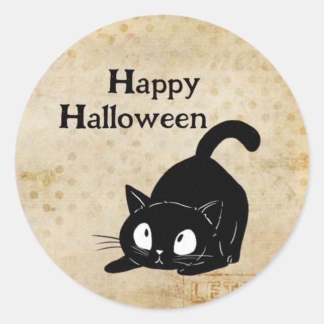 Pegatina Redonda Happy Halloween Spooky Vintage Black Cat (Anverso)