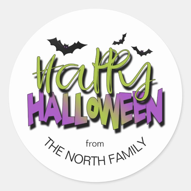 Pegatina Redonda Happy Halloween Typography con Bats Green ID685 (Anverso)