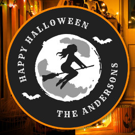 Pegatina Redonda Happy Halloween Witch Riding Broom Custom Name
