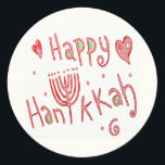 Pegatina Redonda Happy Hannukah<br><div class="desc">Este fantasioso diseño de Happy Hannukah presenta una menorah en lugar de la "U" en la palabra, Hannukah. Esta ortografía se ha convertido en la ortografía más aceptable en inglés, así que aunque normalmente la deletrees Hanuka o Chanukah, no puedes equivocarte con esta. El color rojo lo hace alegre y...</div>